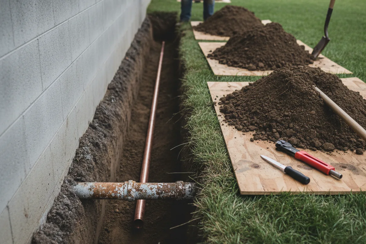Excavated water line trench during Water Softener Installation in El Segundo